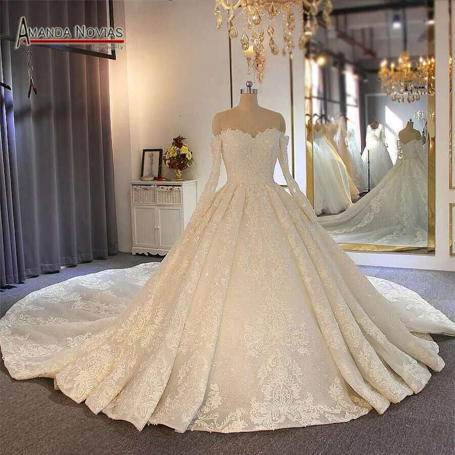 Off The Shoulder Long Sleeves Full Lace Beading Wedding Bridal Gown