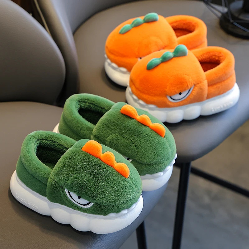 Winter Warm Cover Heel Soft Fluffy Slippers For Kids Childrens Cartoon Dinosaur Antiskid Scuff Boys Girls Home Cotton Shoes 250106