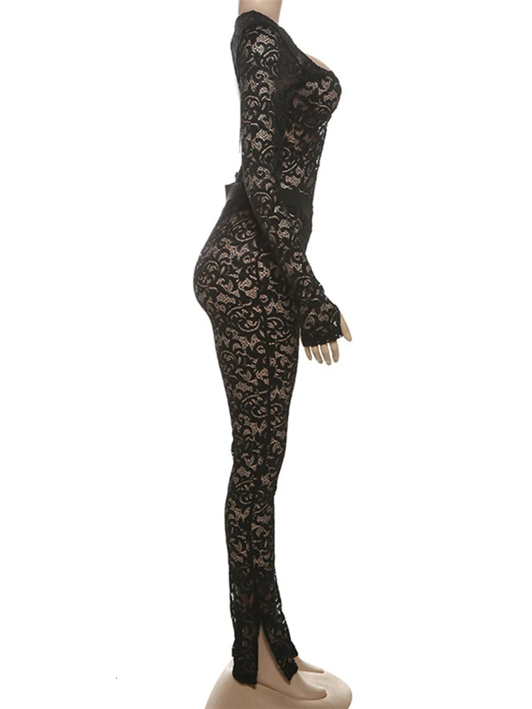 Sibybo Sheer Lace 2 Piece Set Women Nightclub Party Outfits Hollow Out Backless Long Sleeve Bodysuit Pencil Pants Matching Suit 250107