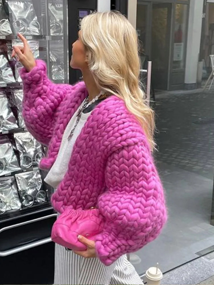 Coarse Twist Knit Womens Cardigan Rose Loose Long Lantern Sleeve V-neck Female Short Sweater 2024 Autumn Winter Lady Knitwear 241225