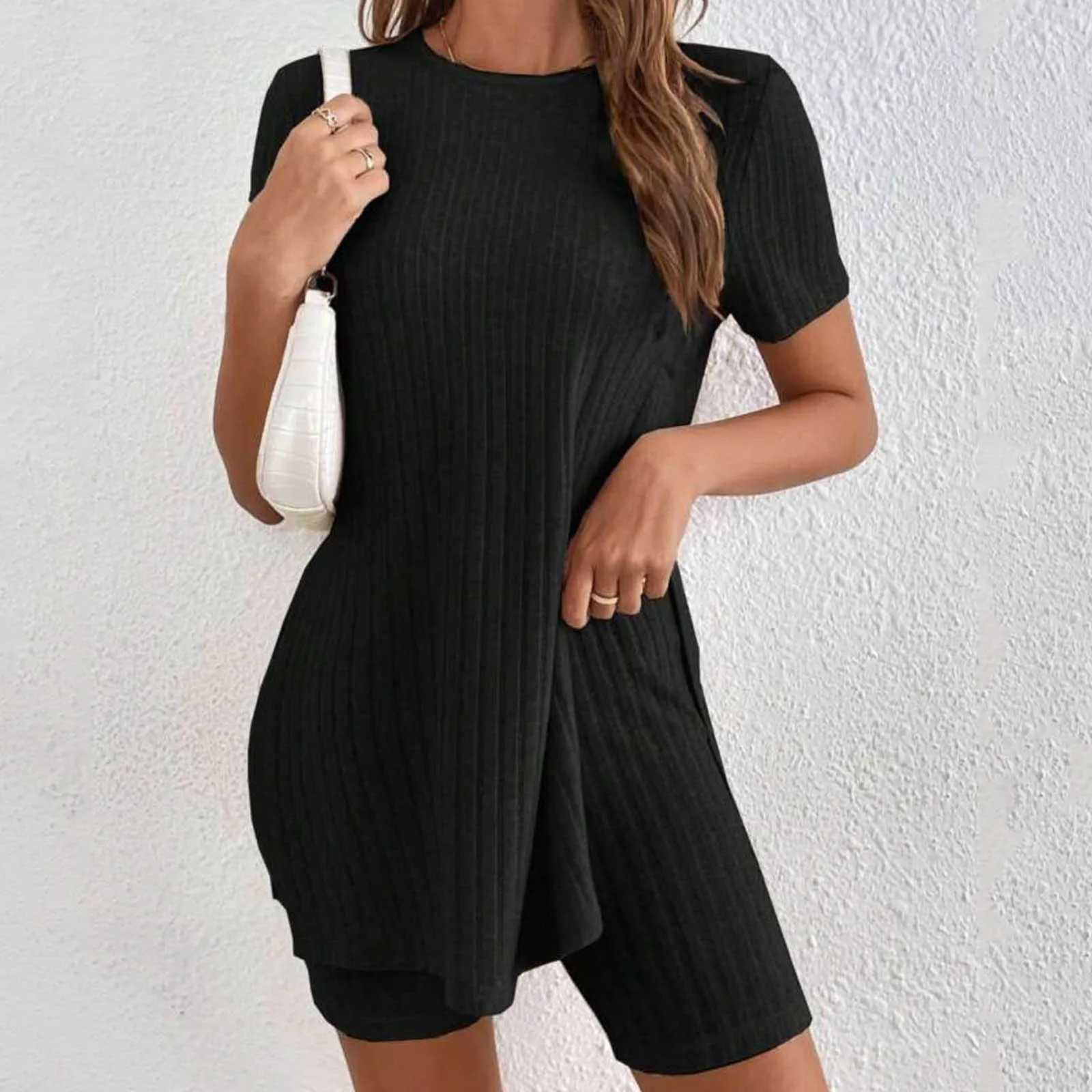 Summer Clothes Two Piece Set 2024 WomenS Vacantio Fashion Casual Suit Solid Color Summer Shorts And Tops New In Matching SetsXJ250106