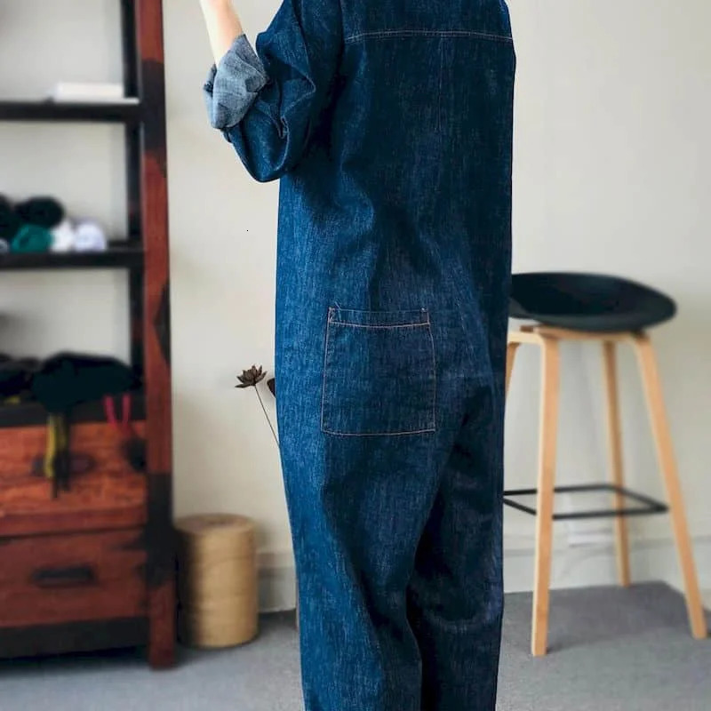 Oversized Denim Jumpsuit Suit Women Blue Long Sleeve Playsuits High Waist Fashion Tops Casual One Piece Outfit 250103