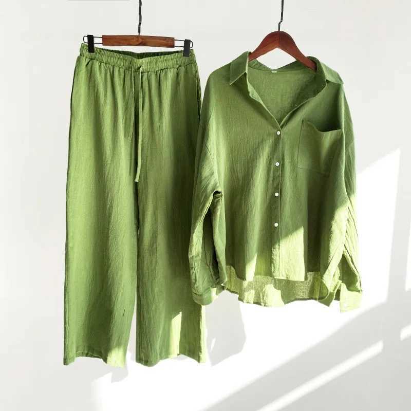 Loose Solid Color Cardigan Shirt Wide Leg Pants Womens 2-piece Set Of Retro Cotton Linen Shirt High Waist Long Pants Set OutfitXJ250106