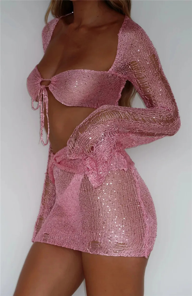 Sexy Sequins Women Two Piece Set For Nightclub Party Outfits Long Sleeve Hollow Out Crop Top Hole Mini Skirts Glitter Knit Suits 250106