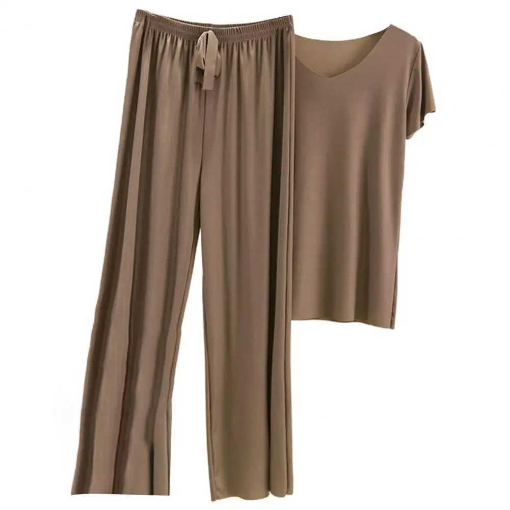 2 Pcs/Set Women T-shirt Pants Set Pleated Wide Leg V Neck Short Sves Loose Homewear Pullover Thin Summer Top Trousers SetXJ250106