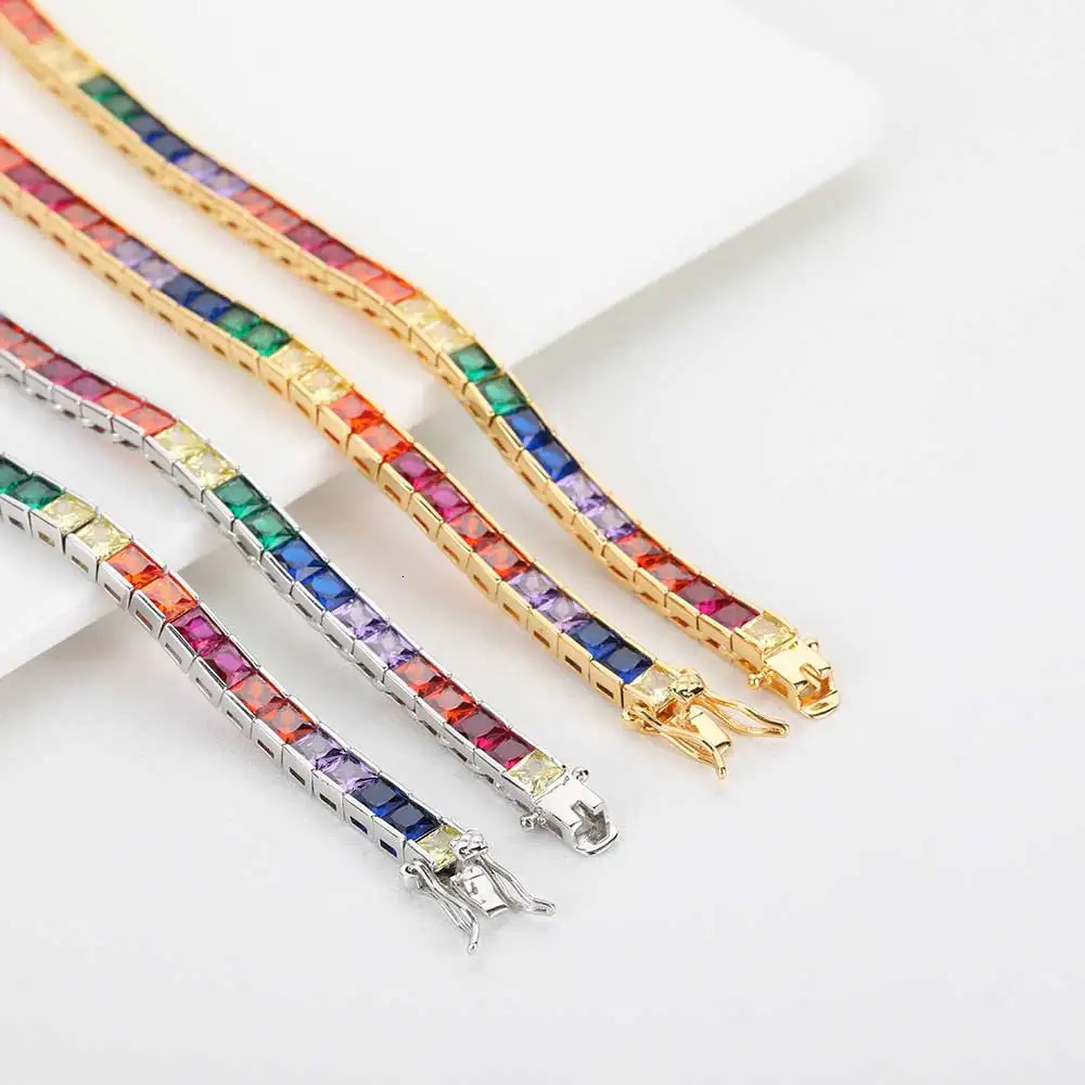 Iced Rainbow Colorful Tennis Necklace Silver Gold Plated Square Cubic Zirconia Tennis Chain Cuban Link Dainty Jewelry Gift250103