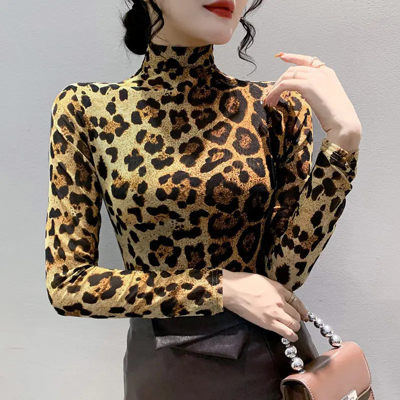 Spring Summer Printed Base Shirt Leopard Print Fashion Long Sleeved T-shirt Mesh Large Size Elastic Slim High Neck Tops 250106