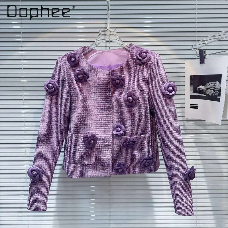 Purple Tweed Jacket Three Dimensional Wer Round Collar Long Sleeve Ladies Short Coat Retro 2024 Autumn Fashion Elegant