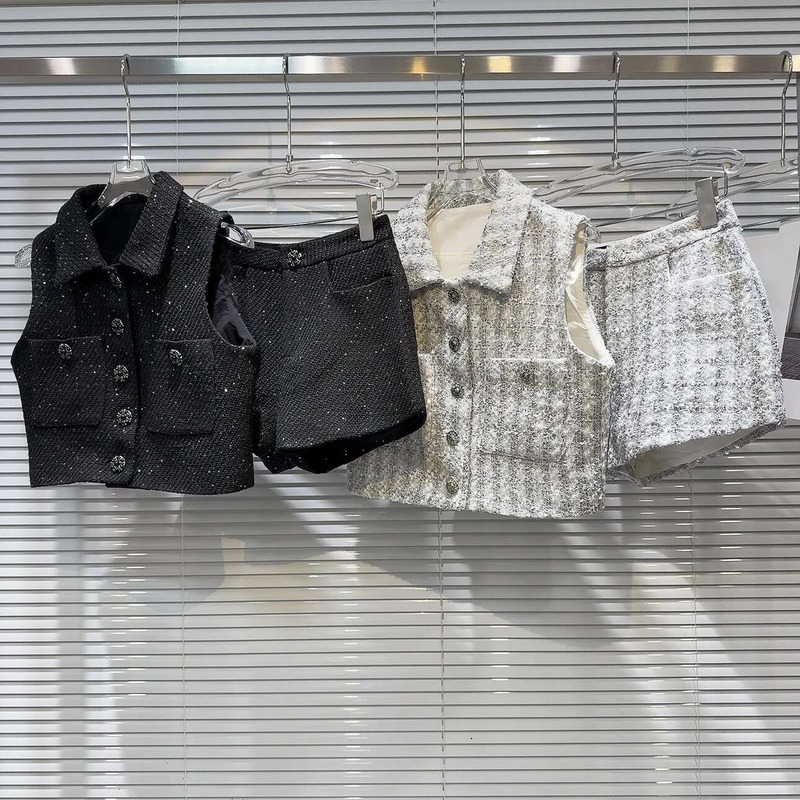 PREPOMP 2024 Spring Sleeveless Turn Down Collar Bright Silk Tweed Vest Slim Shorts Two Piece Set Women Outfits Gp509