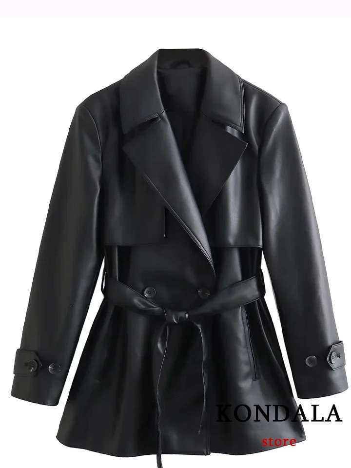 KONDALA Vintage Chic Women Leather Jackets Solid Belt ONeck Warm Coats Fashion 2023 Autumn Winter Female Outwears 250103