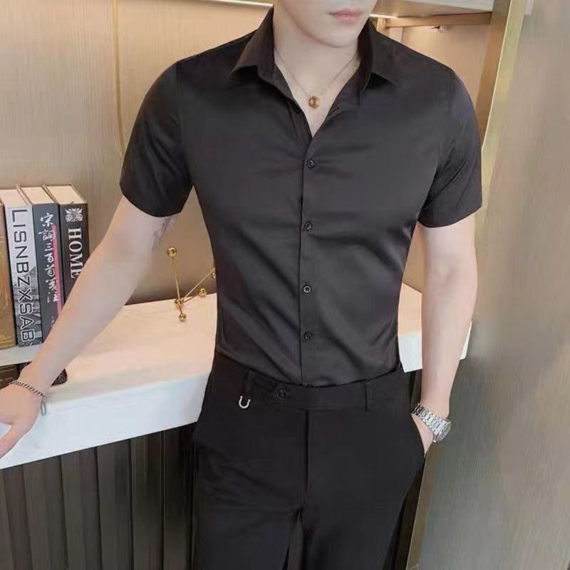 Elastic long sleeved shirt slim fit black shirt business casual professional formal dress work shirt mens