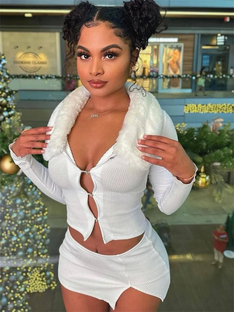 Weird Puss Fluff Patchwork 2 Piece Set Women Cardigan Single-Breasted Full Sleeve Crop JacketRibbed Mini Skirts Sexy Trend Suit 250106