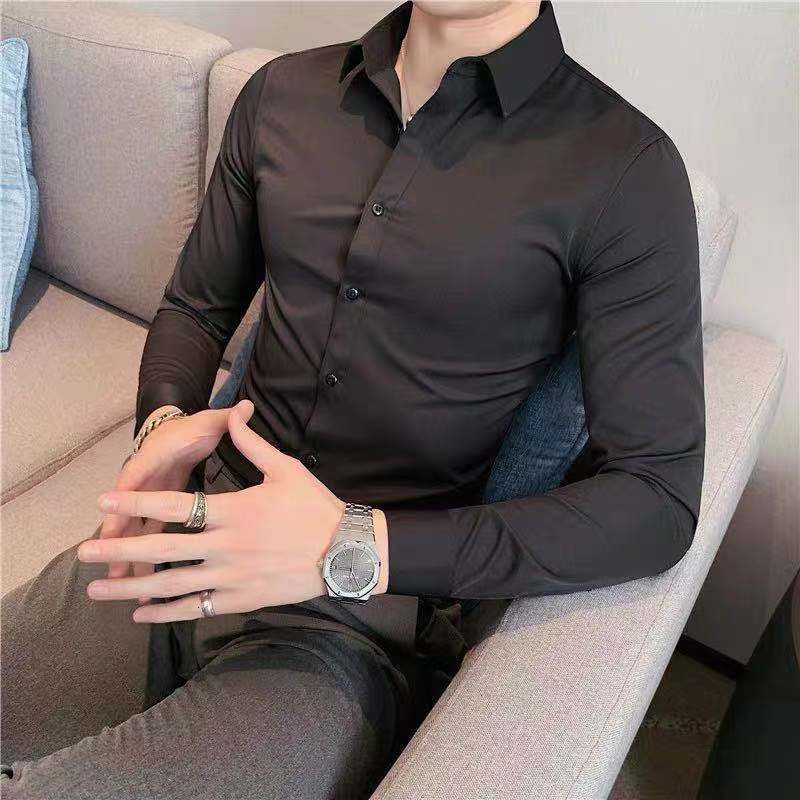 Elastic long sleeved shirt slim fit black shirt business casual professional formal dress work shirt mens