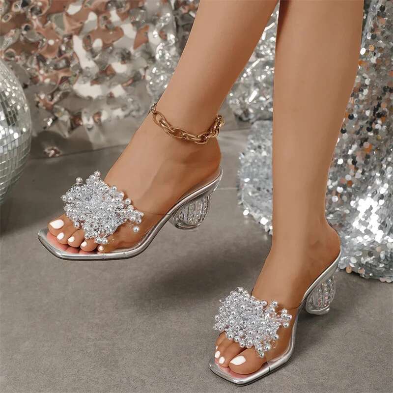 Eilyken Fashion Pearl Wer Women Slippers Design Style Square Toe Crystal Round Heels Shoes Summer Slides Atos De Mujer
