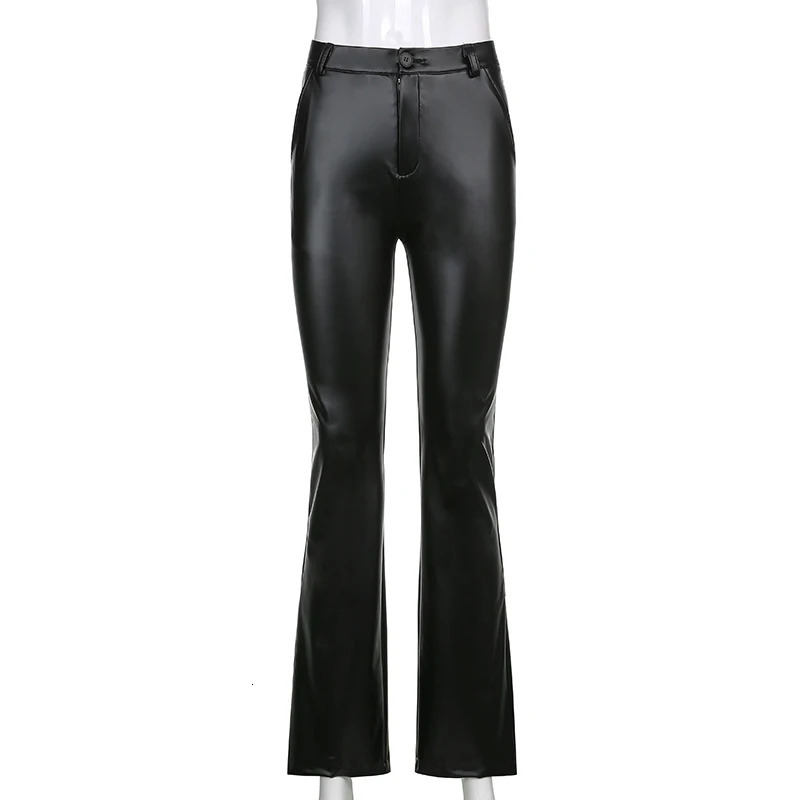 Club Sexy PU Leather Pants Fashion Flare Pants Women High Waist Skinny Solid Black Wide Leg Trousers Clubwear Streetwear 250106