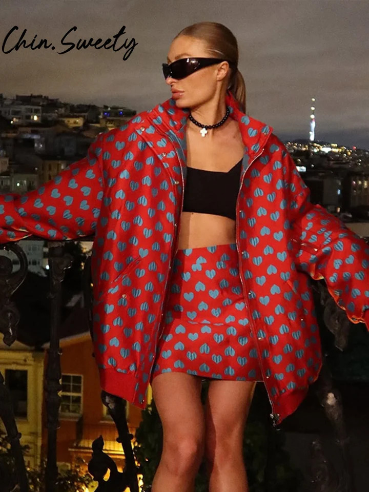 Casual Print Thicken Coat Skirt Women Set Street Long Sleeve Zippers Pocket Jacket Sexy Skirts 2024 Autumn Winter Y2k Lady Suit 241225