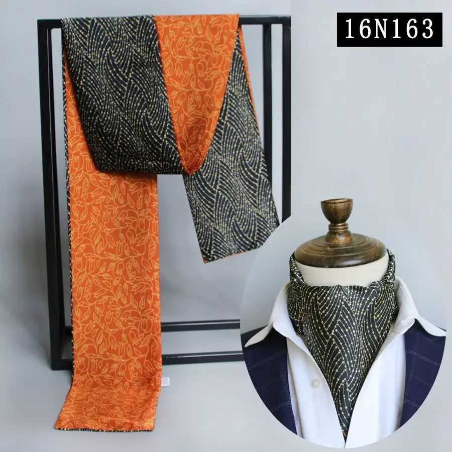 Mens striped autumn and winter thin simulated silk mens double-layer long silk scarf printed small plain scarf W250107