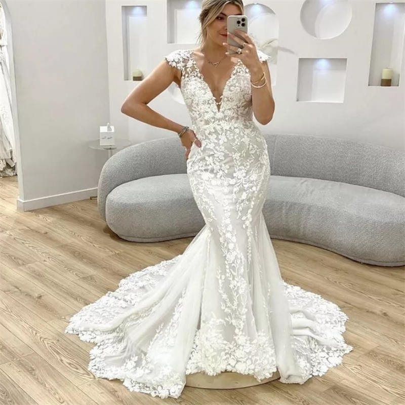 Fancy Lace Mermaid Wedding Dress With Detachable Train Gorgeous Plus Size Church Dubai Bridal Dress 2 In 1 Civil Bride Dress Bespoke Vestio De Novias 