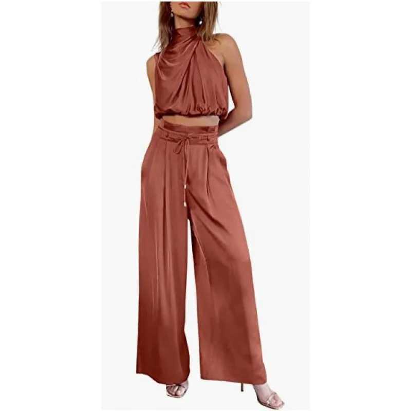 Womens Two Piece Pants Sets Open Navel Outfit Silk Pleated Texture Sveless Top Wide Leg Pants Set Summer Matching Sets 2024XJ250106
