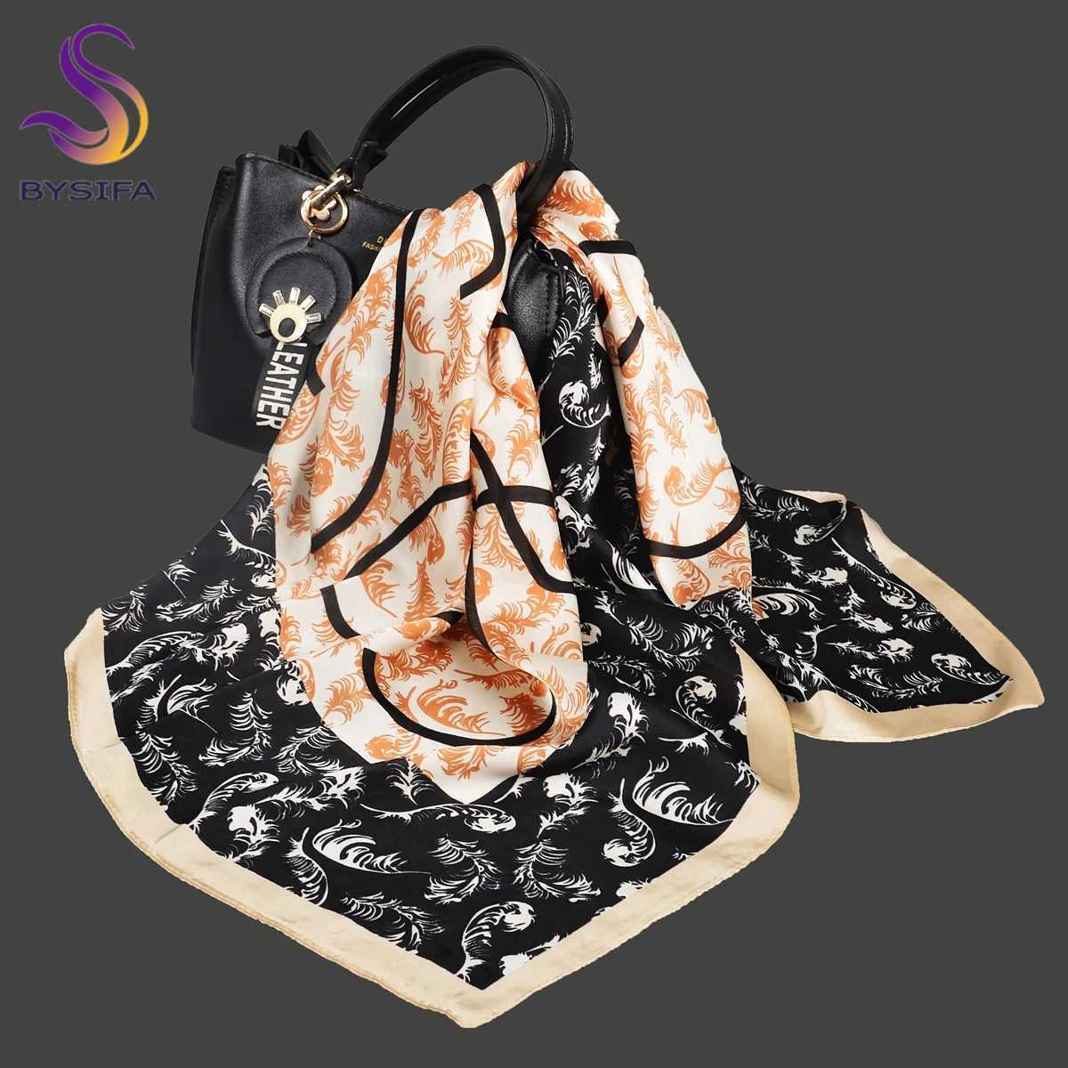 BYSIFA Letters Silk Scarf Shawl Spring Autumn Fashion Square Coffee Orange Scarf Foulard Winter Womens Headwear Accessories W250107