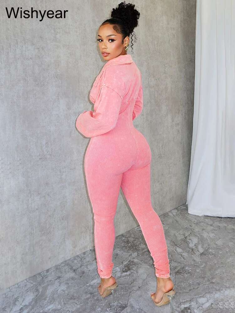 Elegant Autumn Pink Jumpsuits For Women Street Long Sleeve Lapel Bodycon Sexy Sporty Rompers Casual Skinny One Pieces Overall