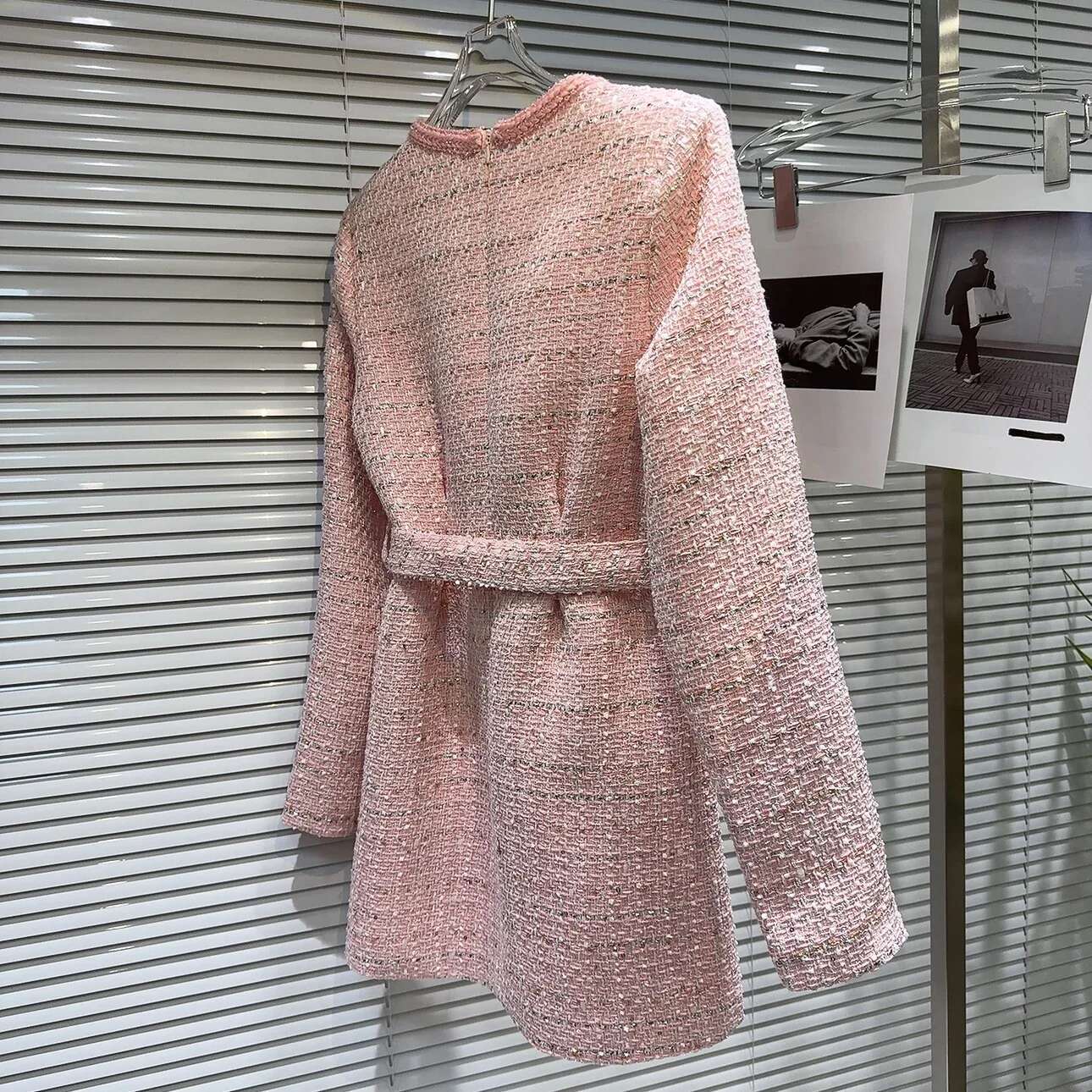 Retro Square Neck Pearl Buckle Temperament Lady Belt Trench Coat 2024 Autumn New Elegant Tweed Dress For Women