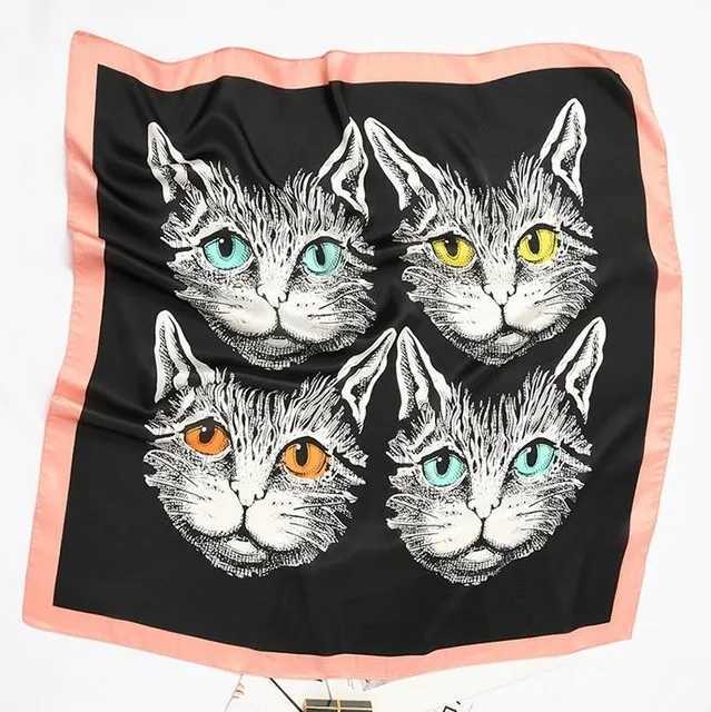 70cm * 70cm Silk Square Scarf Womens Cartoon Cat Bag Printing Fountain Headscarf Womens Collar Headscarf High Quality Silk Scarf FJ095 W250107
