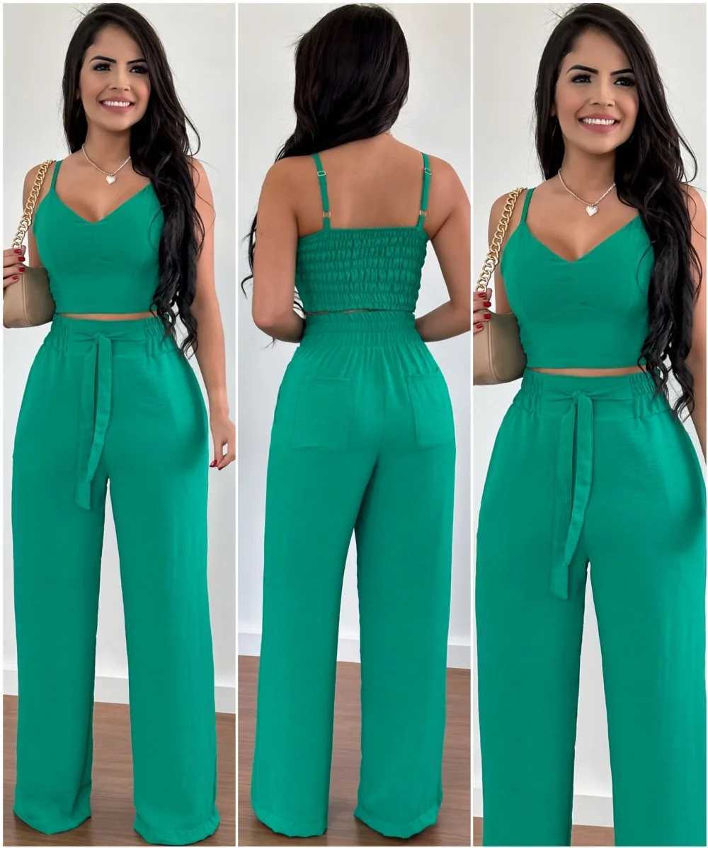 Ele Womens Tank Top+Pants 2 Piece Sets Summer Sexy High Waist Straight Leg Pants Fe Casual Suit XJ250106