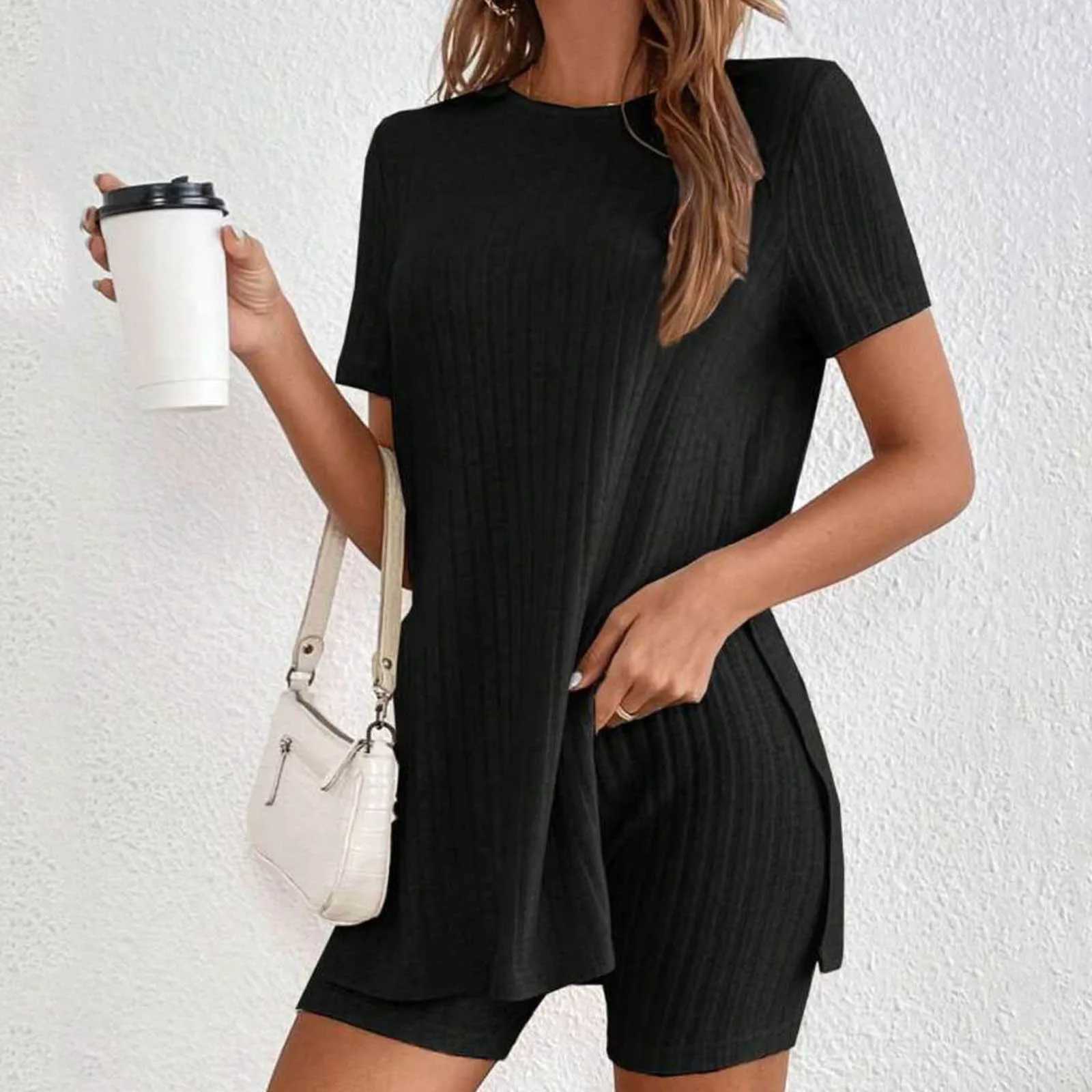 Summer Clothes Two Piece Set 2024 WomenS Vacantio Fashion Casual Suit Solid Color Summer Shorts And Tops New In Matching SetsXJ250106