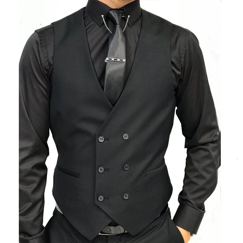 Black Formal Mens Vest DoubleBreasted Vneck Suit Custom Wedding Tuxedo Steampunk 250107