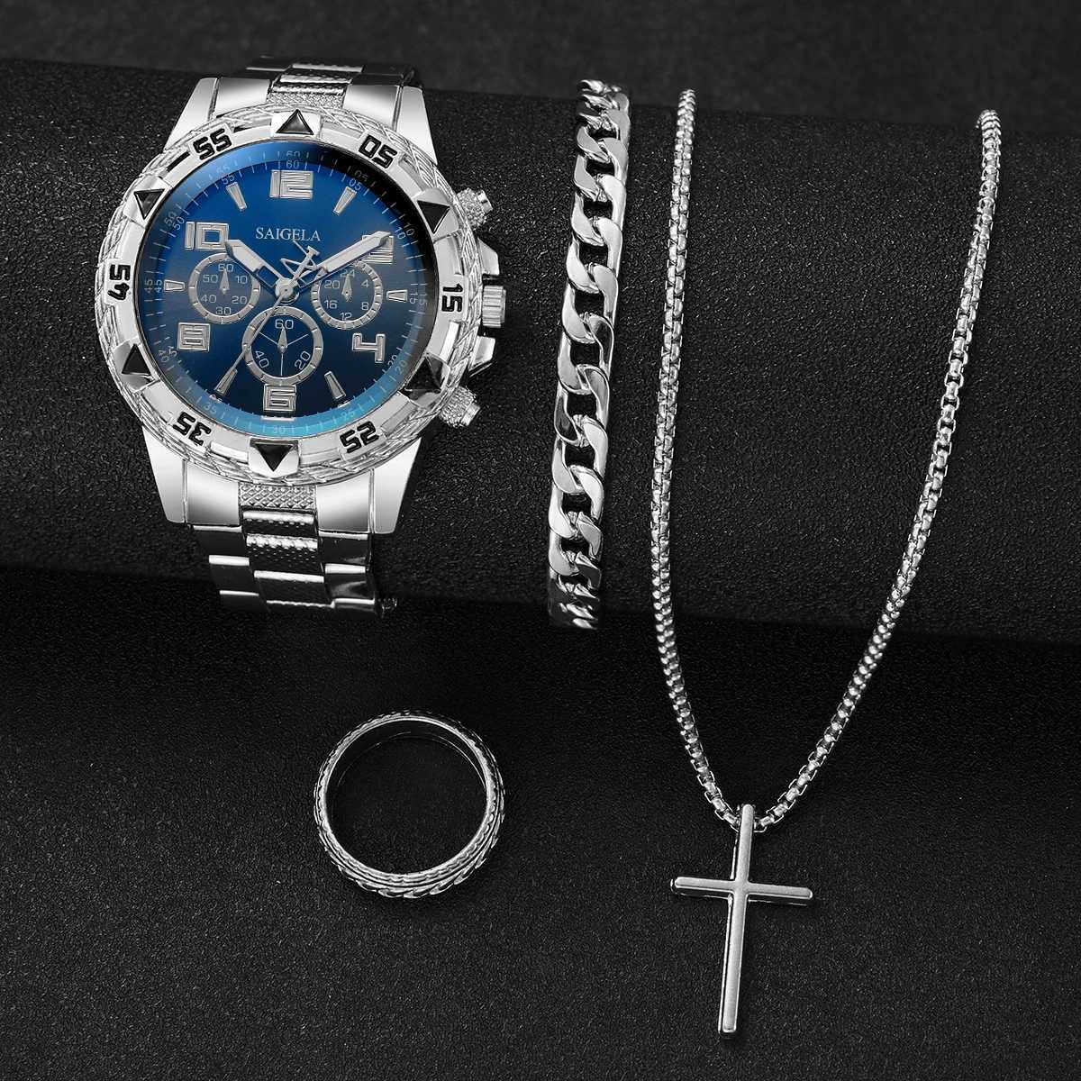 4pcs/set Mens Watches Fashion Arabic Dial Quartz Watch Males Silver Band Wristwatches Jewelry Set (Without BoxX250107