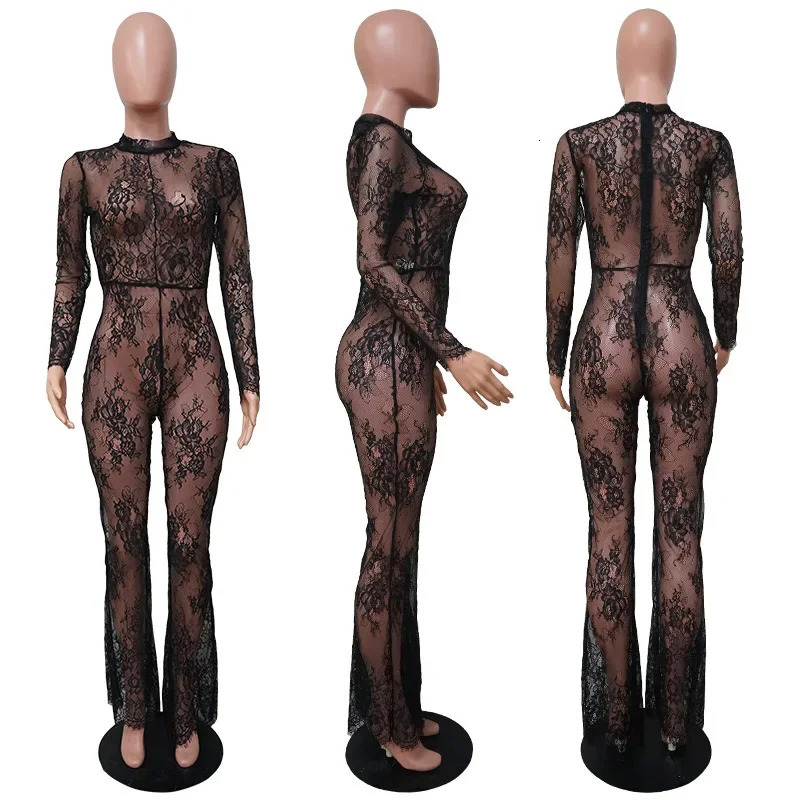 DRC Long Sleeve One Pieces Wide Leg Jumpsuit Women Summer Clothes Fashion Black Lace Perspective Sexy Night Club Outfits 250103