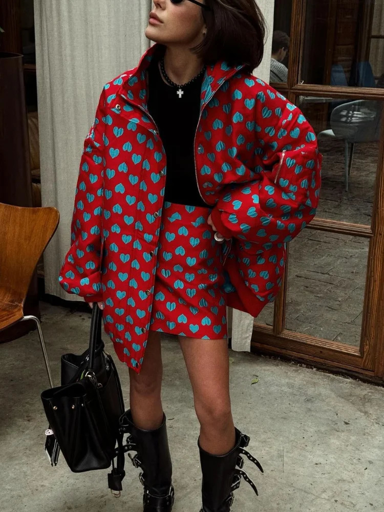 Casual Print Thicken Coat Skirt Women Set Street Long Sleeve Zippers Pocket Jacket Sexy Skirts 2024 Autumn Winter Y2k Lady Suit 241225