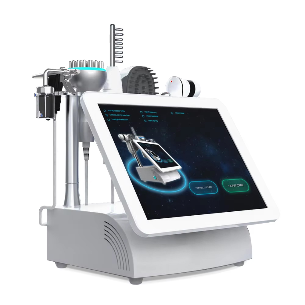 Portable Scalp Care Physiotherapy Machine 5 Handles Microcurrent + Vibration Head Massage Hair Fall Therapy Meridian Brush + Comb Hair Detection Machi