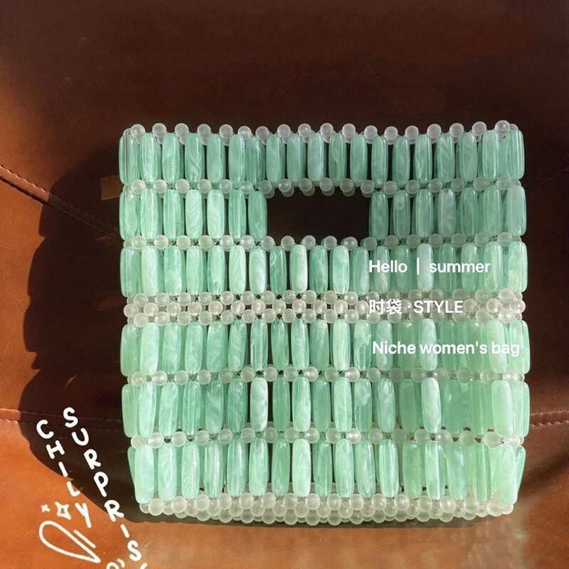 Customized Crystal Bags New Fashion INS Handmade Acrylic Beaded Transparent Panel Green Handbag Summer Small Fresh Women's Bag