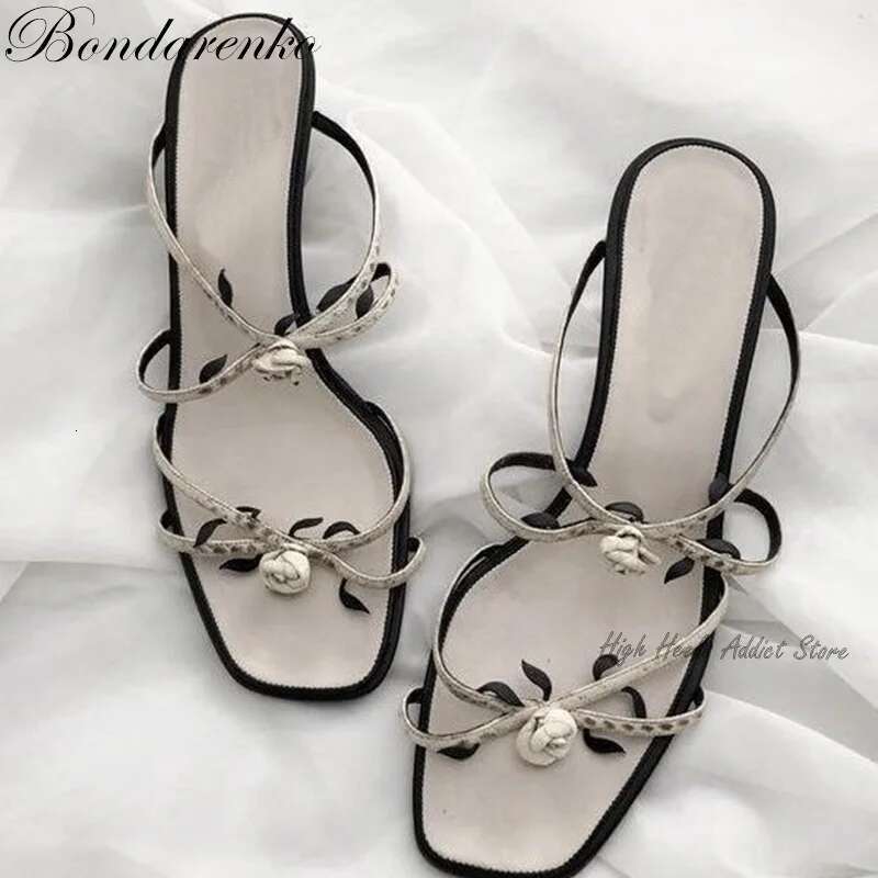 Vintage White Pink Rose Slippers Women wers Straps Low Heel Mules Sandals Designer Summer New in Party Shoes
