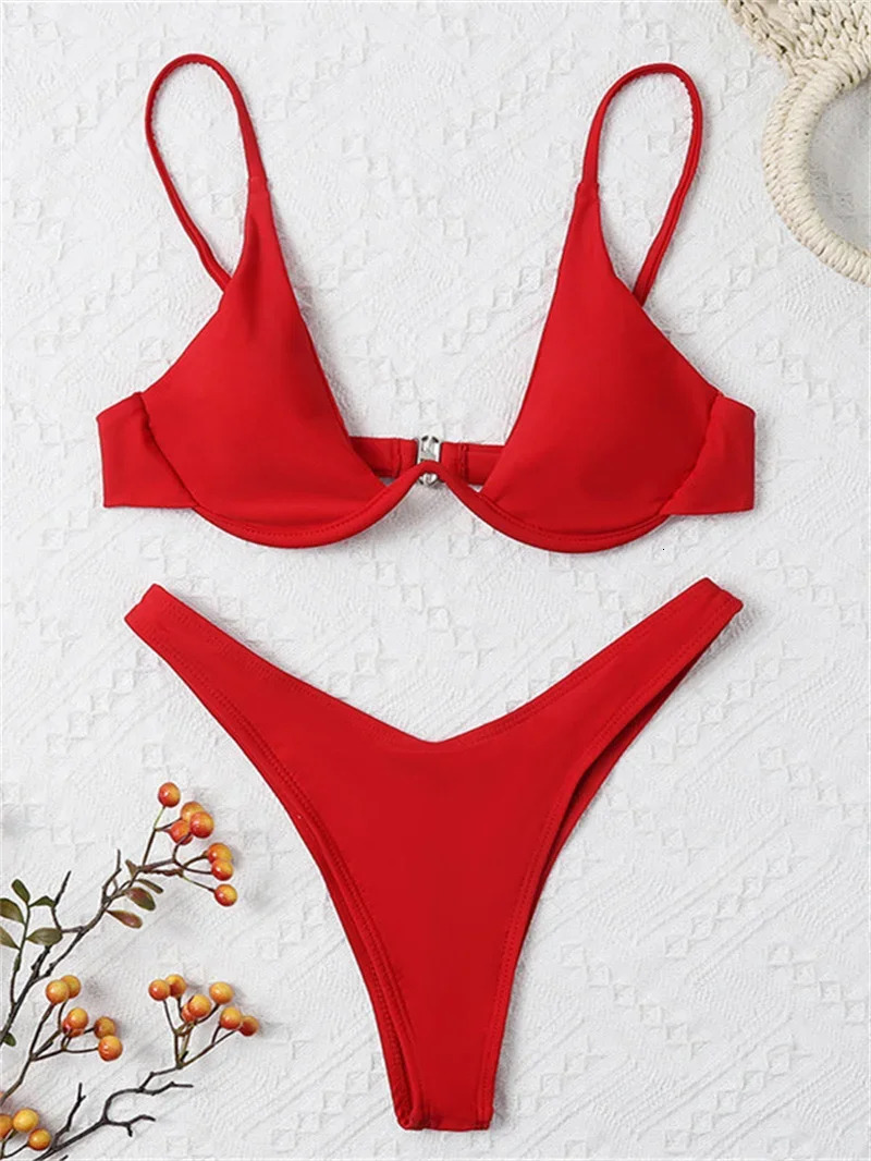 Sexy Underwire Bikini Mujer Women Solid Red Push Up Bra Thong Swimsuit Haler V Neck Bathing Suit Mini Micro Thong Swimwear 250106