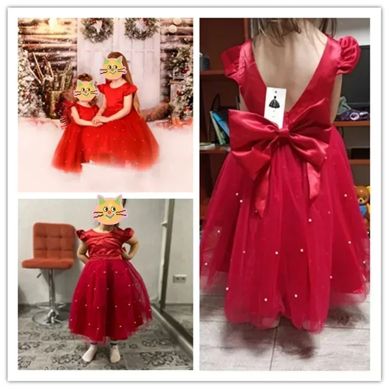 Summer Girls Lace Dresses For Kids 1-5 Year Flower Birthday Tulle Tutu Dress Backless Bow Princess Wedding Gown Kids Party Wear 250107