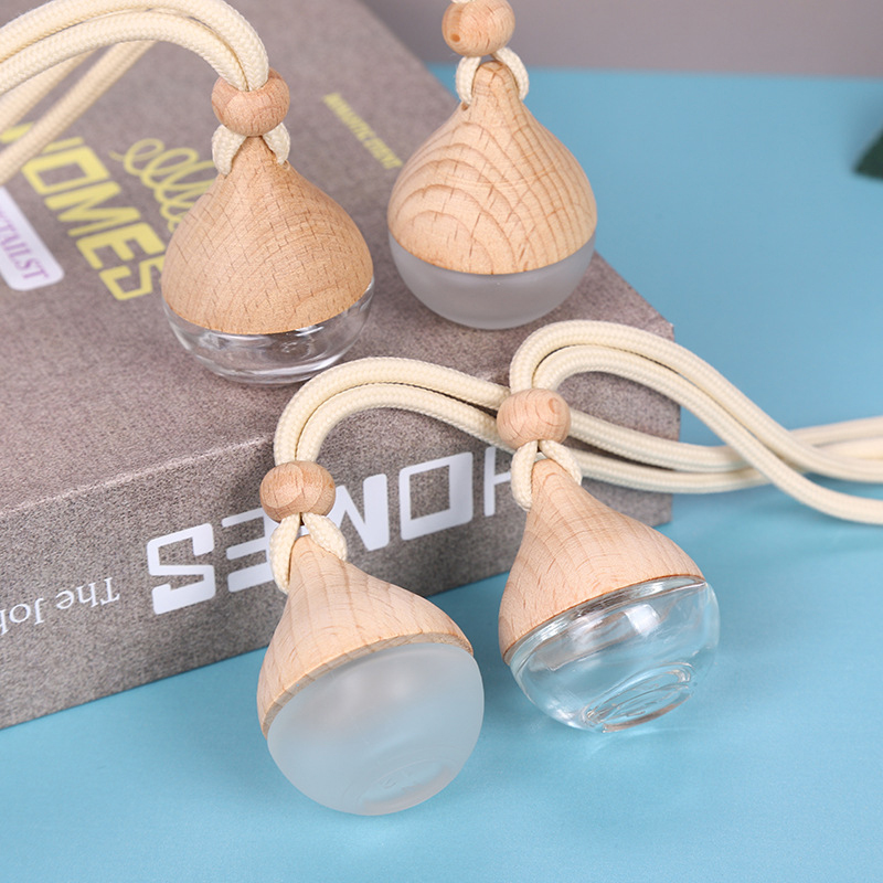Water Droplet Shaped Essential Oils Diffusers Car Pendant Perfume Bottle Glass Ornaments Empty Bottles Wooden Lid Air Freshener Clear Frosted HW0401