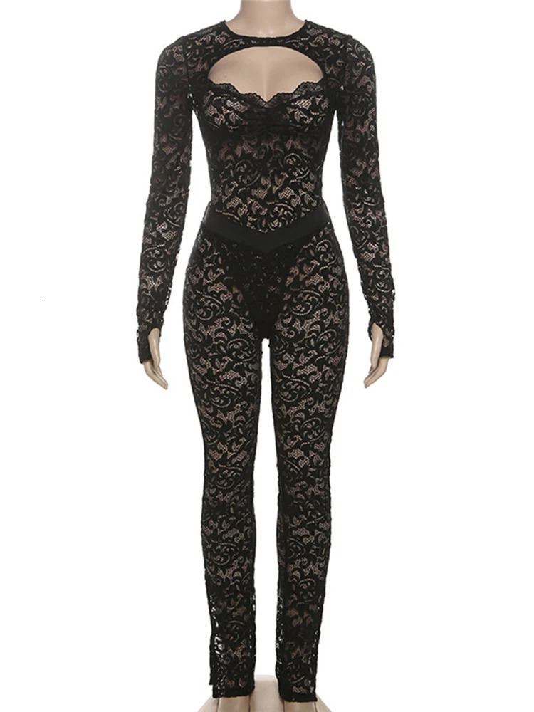 Sibybo Sheer Lace 2 Piece Set Women Nightclub Party Outfits Hollow Out Backless Long Sleeve Bodysuit Pencil Pants Matching Suit 250107