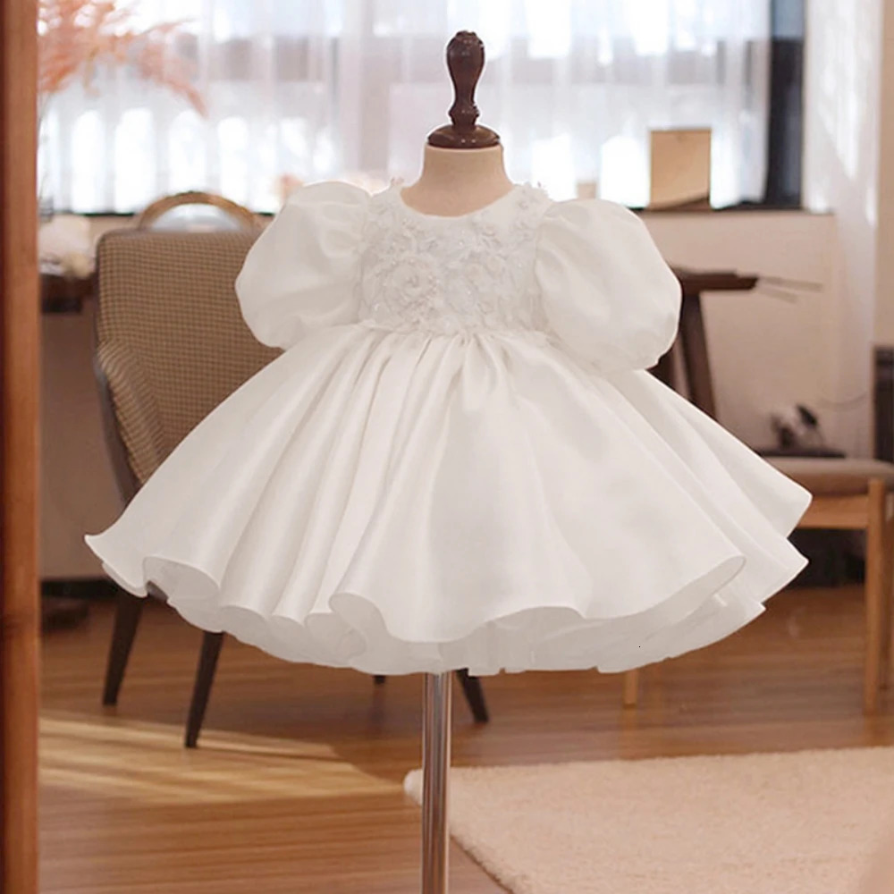 Summer Flower Baby Girl Dresses For Kids Wedding White Bow 1st Birthday Party Princess DresseGirls Puff Sleeve Baptism Clothing 250107