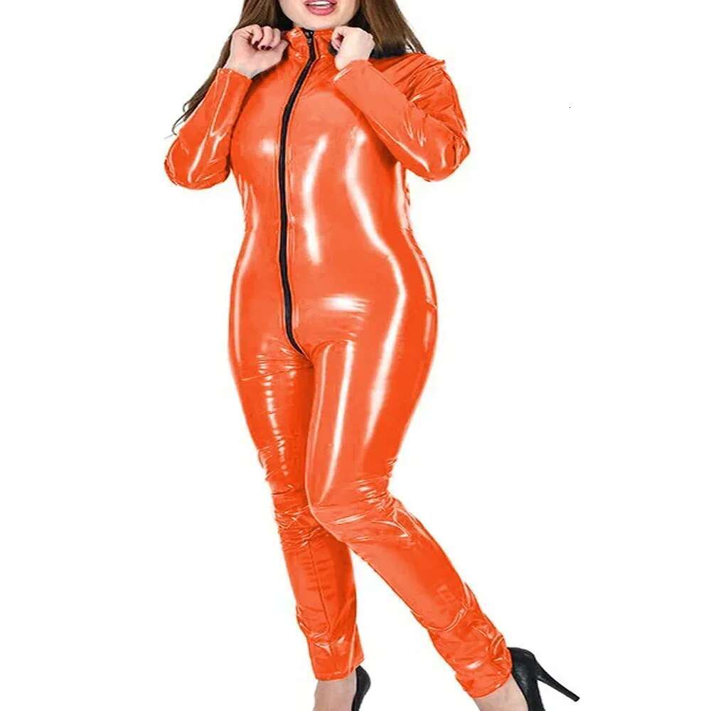 Plus Size Bodycon Women Jumpsuits Long Sleeve Front Zip-Up Catsuits Sexy Open Crotch Playsuits Glossy PVC Leather Solid Clothes