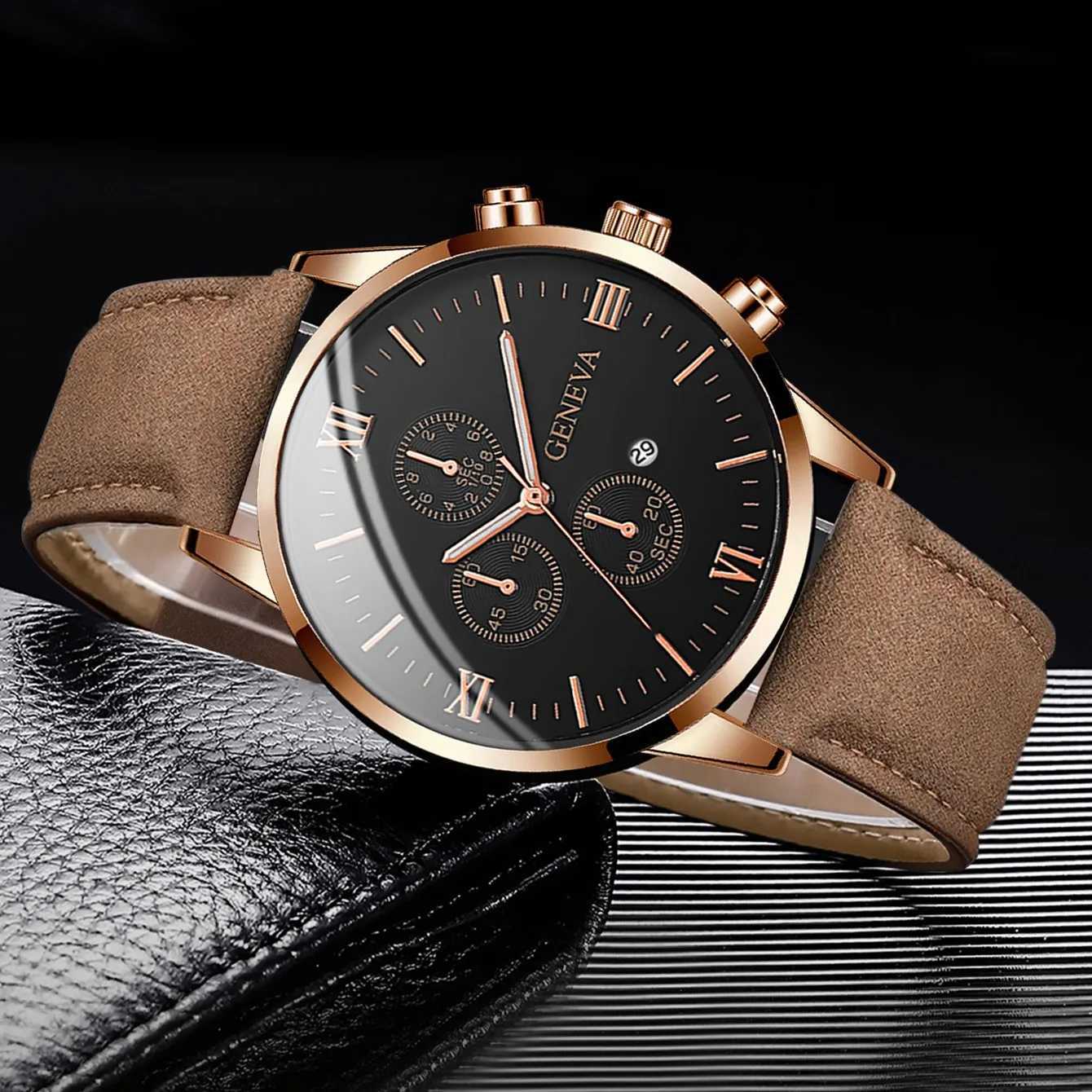 4PCS/Set Mens Watches Casual Leather Band Analog Quartz Watch Bracelets SetWithout BoxX250107