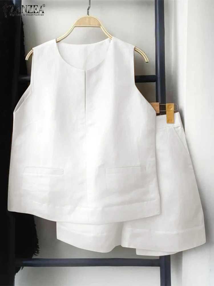 Summer Womens Suit ZANZEA Fashion Tracksuit 2pcs Short Sets Casual Loose Sveless Tank and Shorts Sexy Pocket Matching SuitsXJ250106