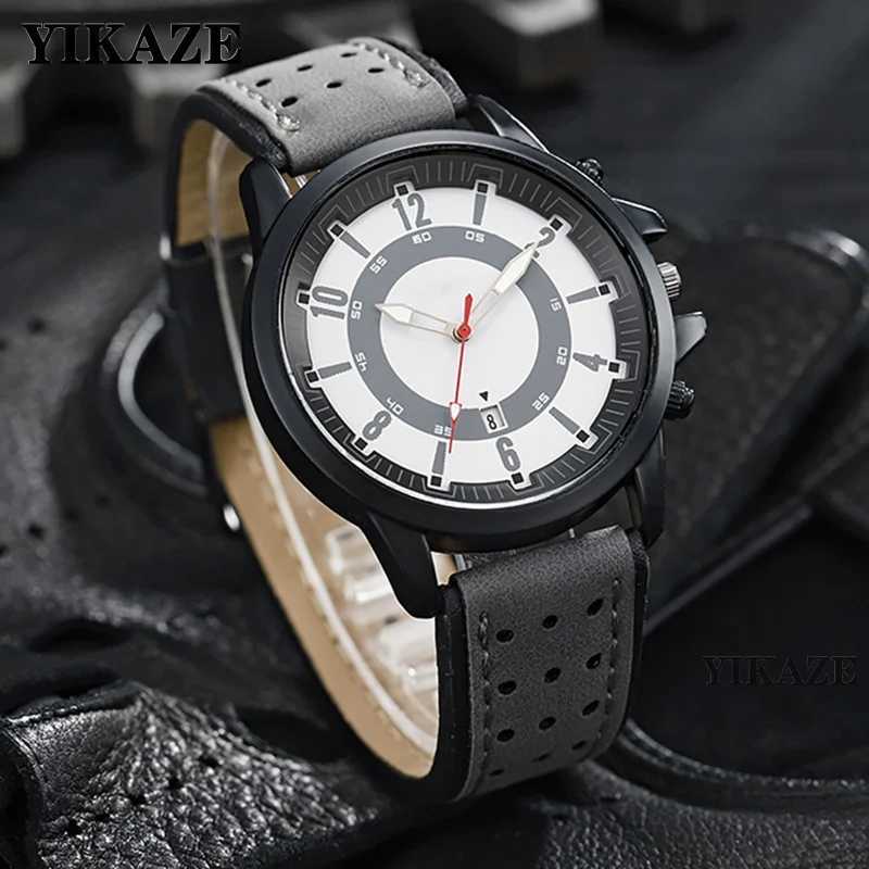 YIKAZE Retro Mens Watches Calendar Military Men Quartz Wristwatch Large Dial PU Leather Strap Bracelet Watch for male StudentX250107