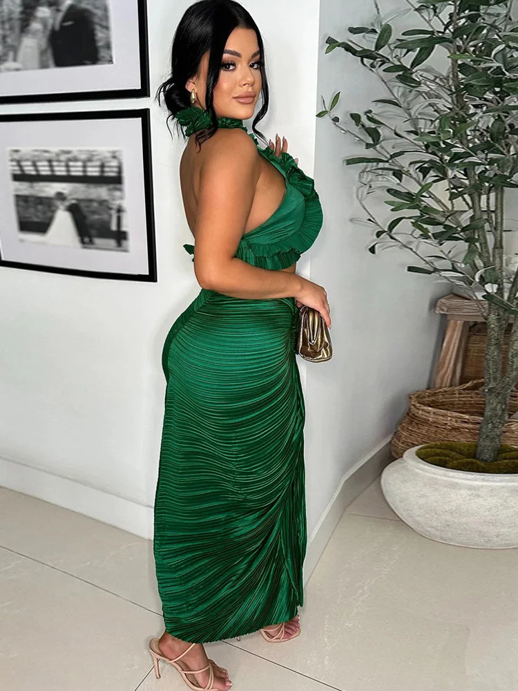 Beyprern Beautiful Pleated Cropped Top High Slit Resort Skirt Set Summer Ruffles Glamour Skirt Set Night Club Outfits Clubwear 250106