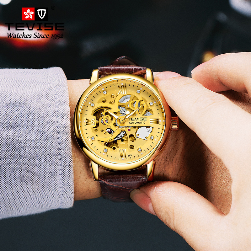 TEVISE New Style Business Fashion Men's Automatic Mechanical Watch with Leather Strap Hollow out Wrist Watch T034-T869