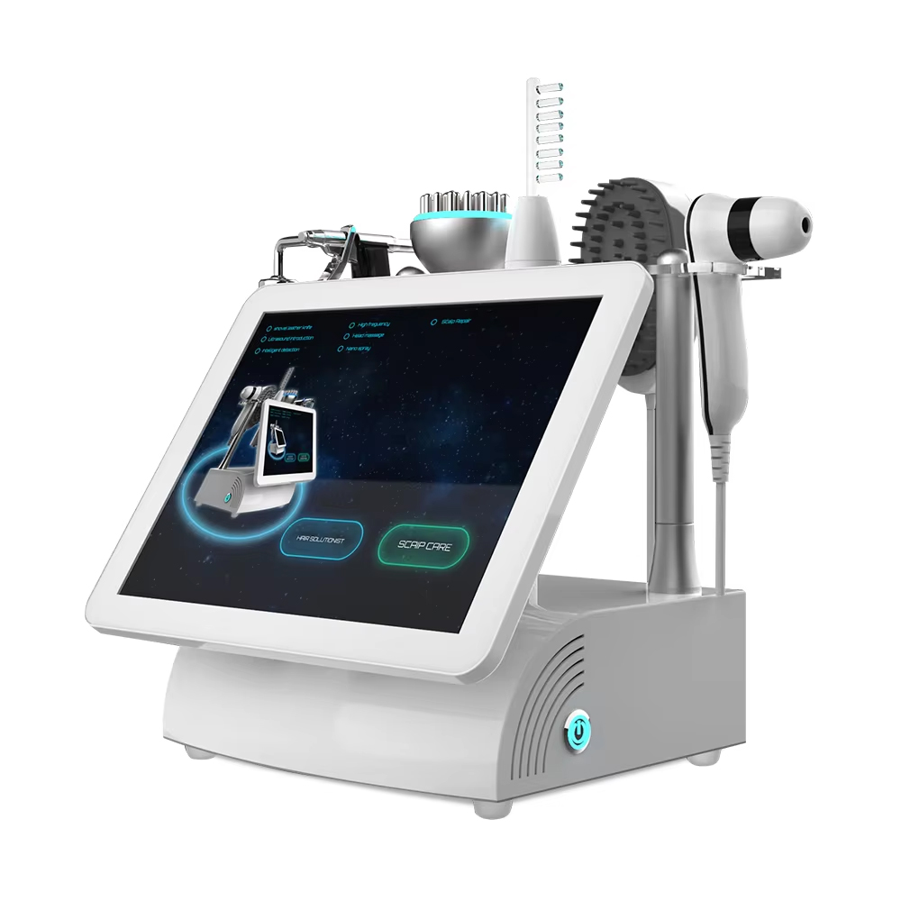Portable Scalp Care Physiotherapy Machine 5 Handles Microcurrent + Vibration Head Massage Hair Fall Therapy Meridian Brush + Comb Hair Detection Machi