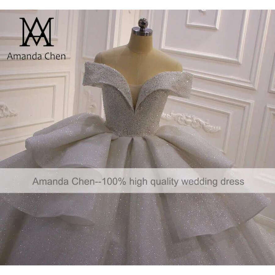 Robe Mariage Femme Off Shoulder Pleat Folds Glitter Shiny Wedding Dress