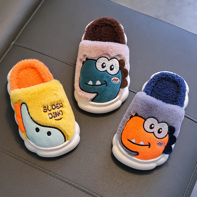 Winter Cute Cartoon Dinosaur Childrens Warm Soft Non-slip Fluffy Slippers For Girls Boys Indoor Mule Kids Home Cotton Shoes 250106